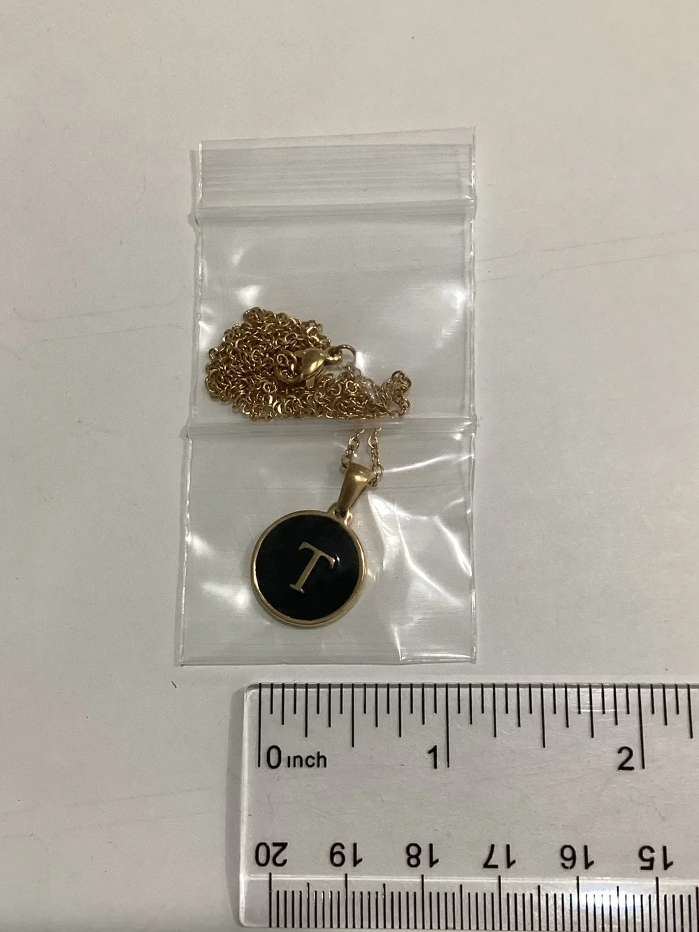 Gold Initial 'T' Pendant Necklace with Black Enamel